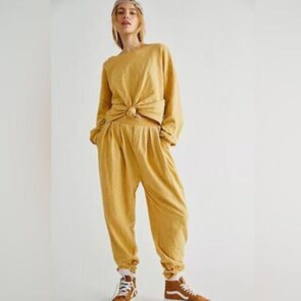 Free People Beach Culver City Pleated Slouchy Pants Size‎ XS Yellow Boho Casual - Picture 2 of 11